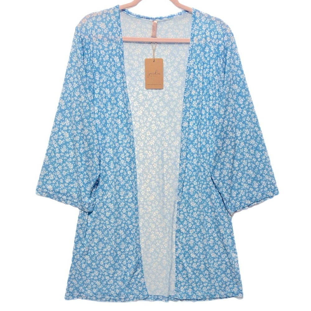 Jardin Stretch Kimono S/M Semi Sheer Blue White Ditsy Floral EUC 13032